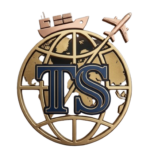 TS United Group 3D metallic gold globe logo with shipping vessel and airplane